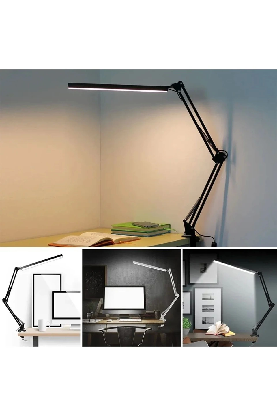 Katlanabilir Led Işık Masa Tutucu Mengeneli Metal 3 Renk Okuma Işığı Çalışma Masası Usbli